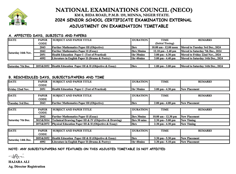 NECO GCE 2024 Updated Timetable and Important Adjustments